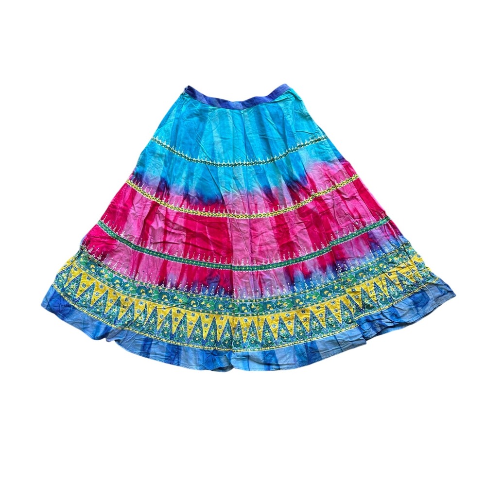 Chaudry Sports Boho Tie Dye Sequin Embroidered Maxi Skirt Blue Pink Yellow Small